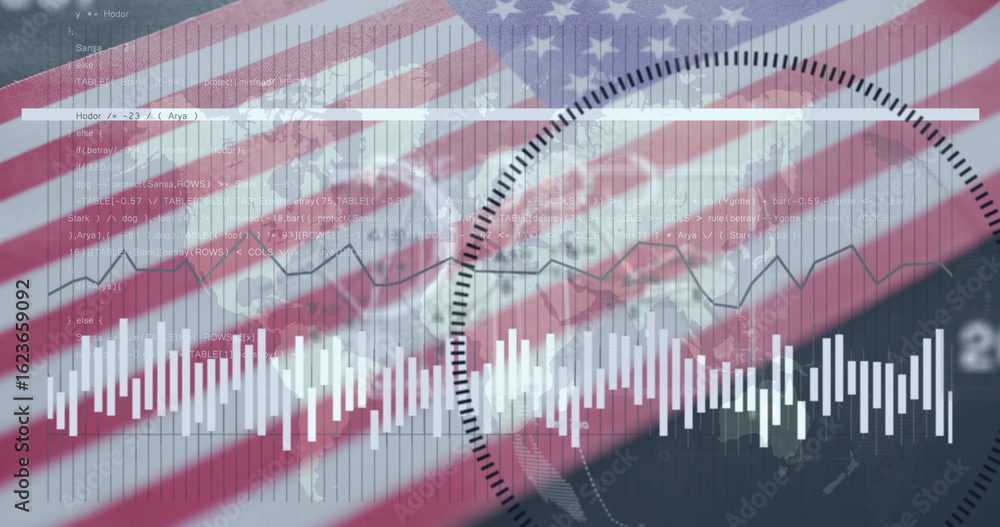 Fototapeta premium Displaying white vertical waveform bars pulsing on screen over American flag with code snippets