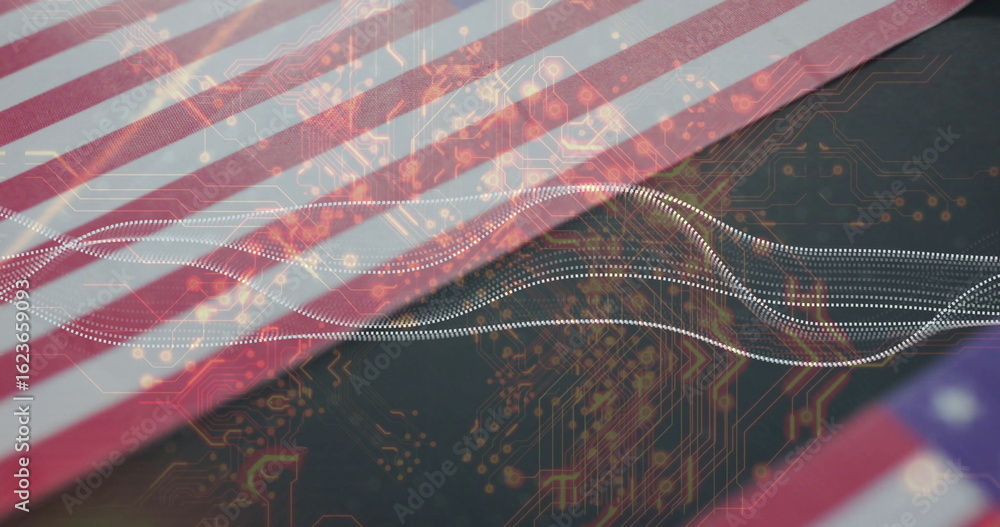 Fototapeta premium Displaying American flag featuring digital circuit pattern in composite, with dotted waveform lines