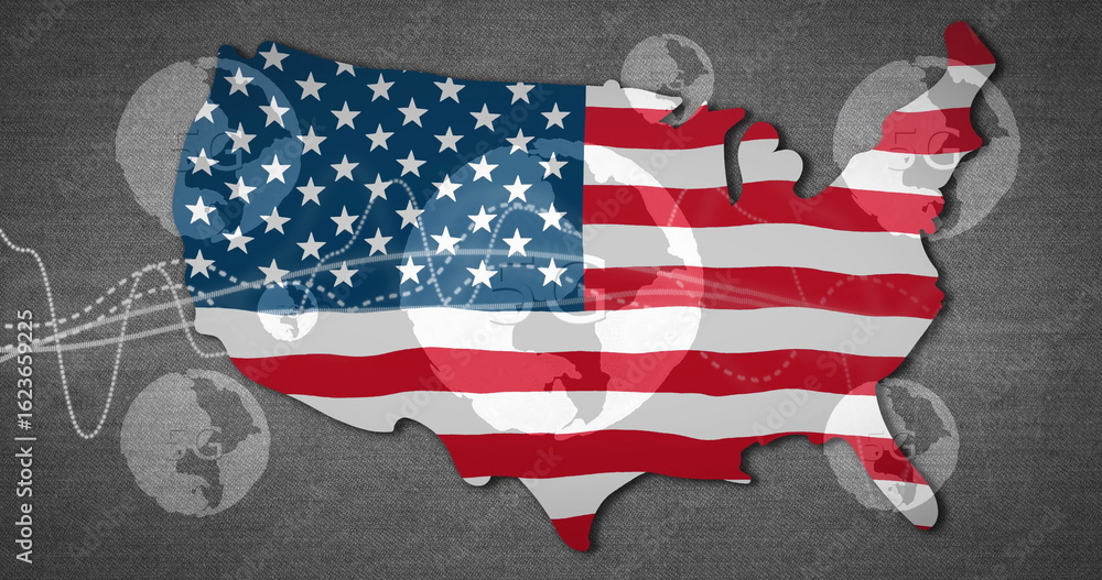 Fototapeta premium Displaying US map silhouette connecting globe icons on digital canvas background, with flag pattern