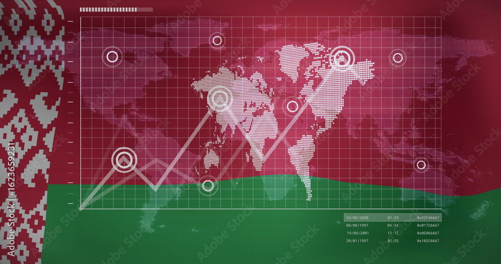 Fototapeta premium Displaying data overlay on Belarus flag with world map grid markers, line chart, date-time codes