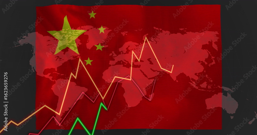 Fototapeta premium Displaying Chinese flag and world map overlay in digital graphic, with rising colored trend lines
