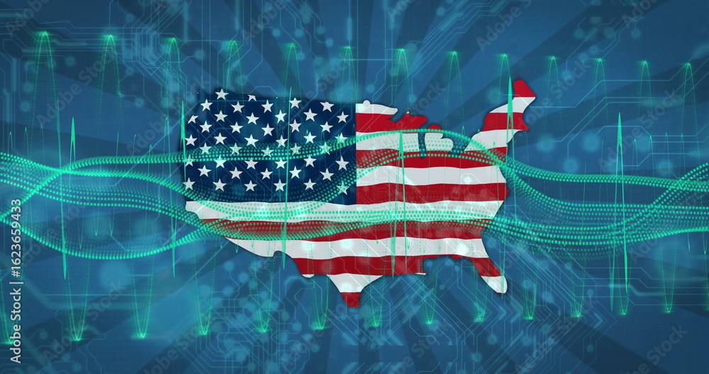 Fototapeta premium Displaying US silhouette showing green data streaming across network, with American flag pattern