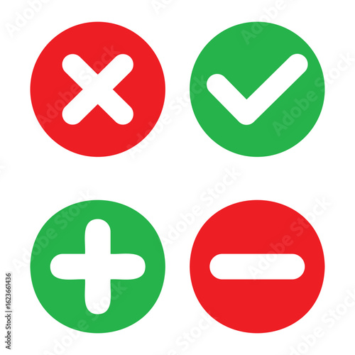 plus and minus, yes and cros icon. Symbols representing affirmation and negation in a simple graphic for intuitive understanding. For web and app. Vector