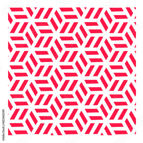 red and white geometric seamless pattern, geometric pattern, optical illusion, cubes pattern, tumbling blocks, isometric cubes, three diamond-shaped parallelograms, repeating hexagons, Necker Cube