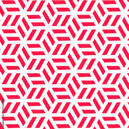 red and white geometric seamless pattern, geometric pattern, optical illusion, cubes pattern, tumbling blocks, isometric cubes, three diamond-shaped parallelograms, repeating hexagons, Necker Cube