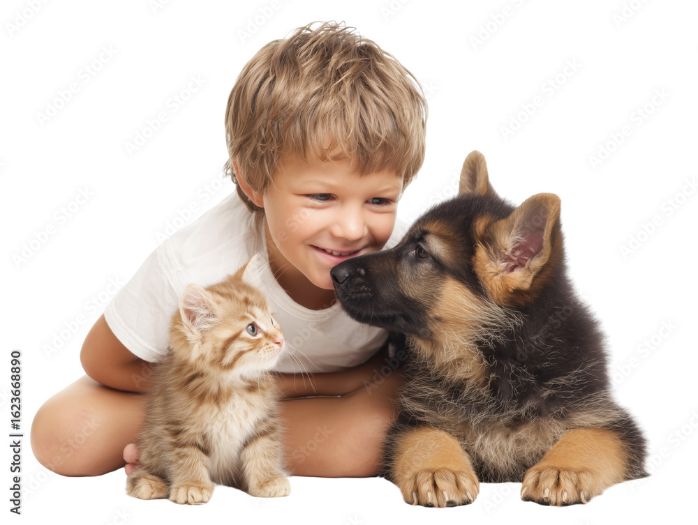 Obraz premium Kid cuddling fluffy puppy and kitten transparent background