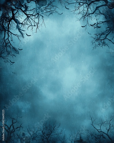 Spooky Halloween forest background with fog, bats and dark branches.  Haunted and eerie Halloween background with flying bats, fog, and creepy trees in the night