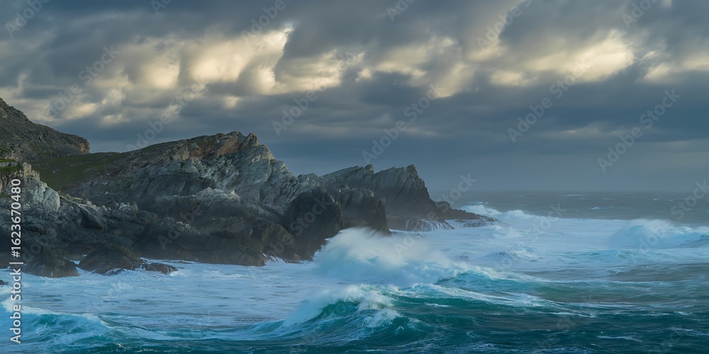 Obraz premium Crashing waves against rugged grey cliffs under dramatic cloudy sky ocean spray