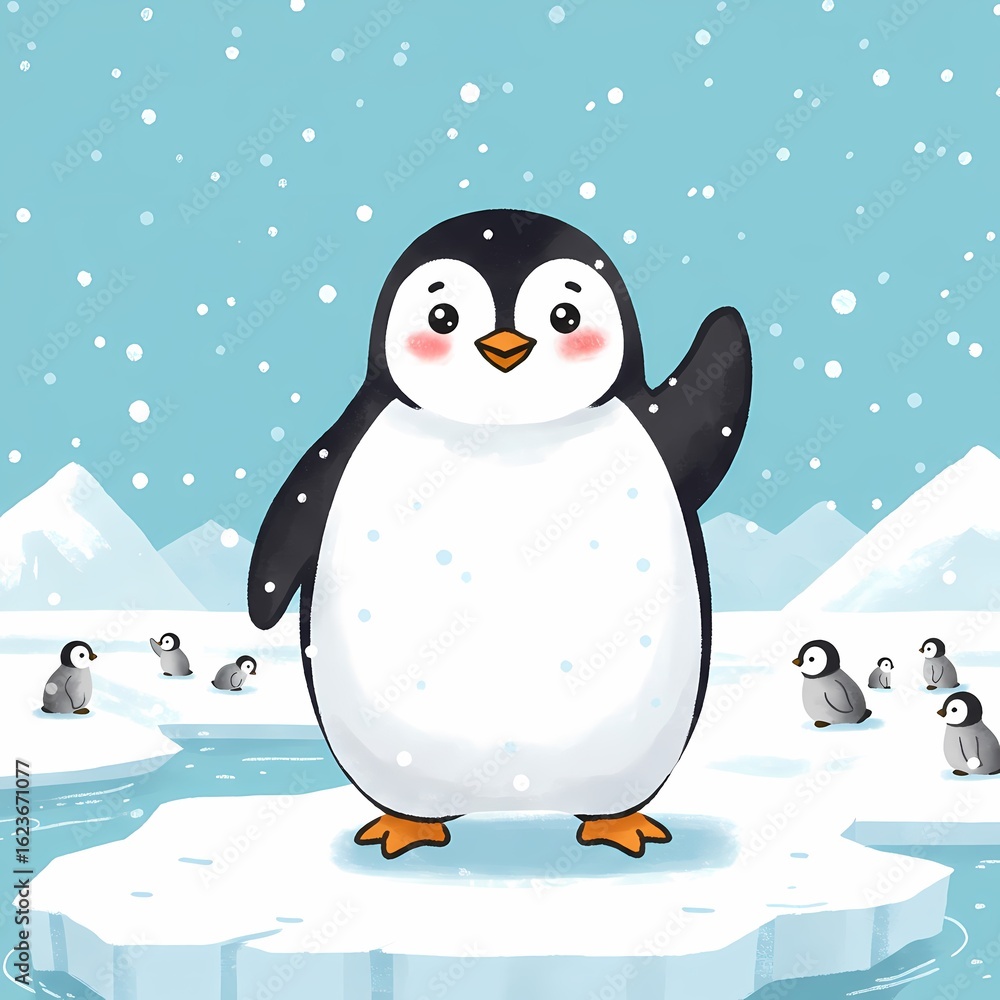 Naklejka premium Cute penguin cartoon character waving in winter wonderland arctic ice illustration