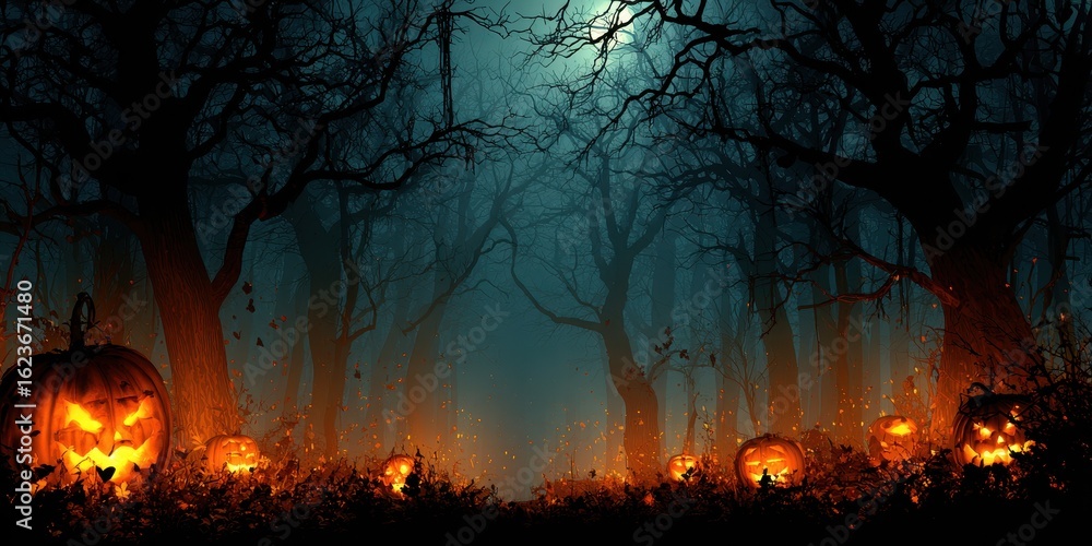 Fototapeta premium Halloween Jack-o'-lanterns in Dark Forest