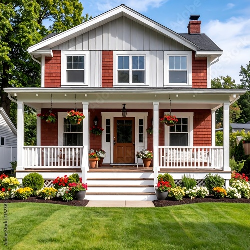 Charming red and gray house with porch and flowers