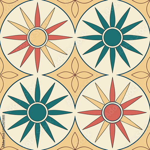 Abstract radial sunburst pattern with repeating geometric wedges in a vibrant cmyk color palette perfect for backgrounds and decorative elements