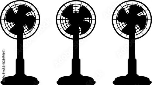 "Three identical silhouette floor fans in white instead of black, set on a soft blue-gray background. The fans are spaced evenly, front-facing from a slightly raised angle, with no shading or texture—