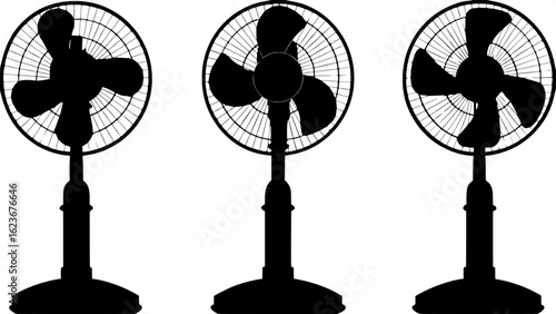 "Three identical silhouette floor fans in white instead of black, set on a soft blue-gray background. The fans are spaced evenly, front-facing from a slightly raised angle, with no shading or texture—