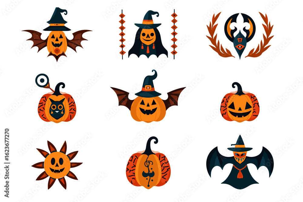Fototapeta premium Graphic collection of nine unique Halloween pumpkin designs with bats and witch hats in orange, brown, purple, and black, perfect for festive holiday applications.