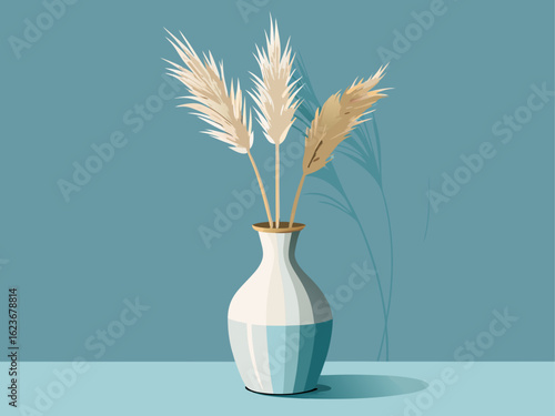 A white ceramic vase holding a single dried pampas grass stem, minimalist interior object on clean background