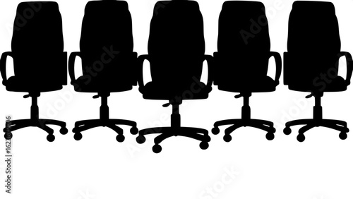 "Five black silhouette office chairs arranged in a straight horizontal line on a light gray background. Each chair features a high backrest, armrests, and a wheeled base, depicted in a solid, graphic 