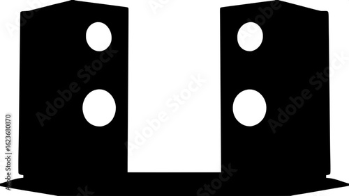 "Two black silhouette standing speakers, placed symmetrically on a light pastel gray background. Each speaker has a tall rectangular body and circular woofers, illustrated in a graphic, minimalist sty