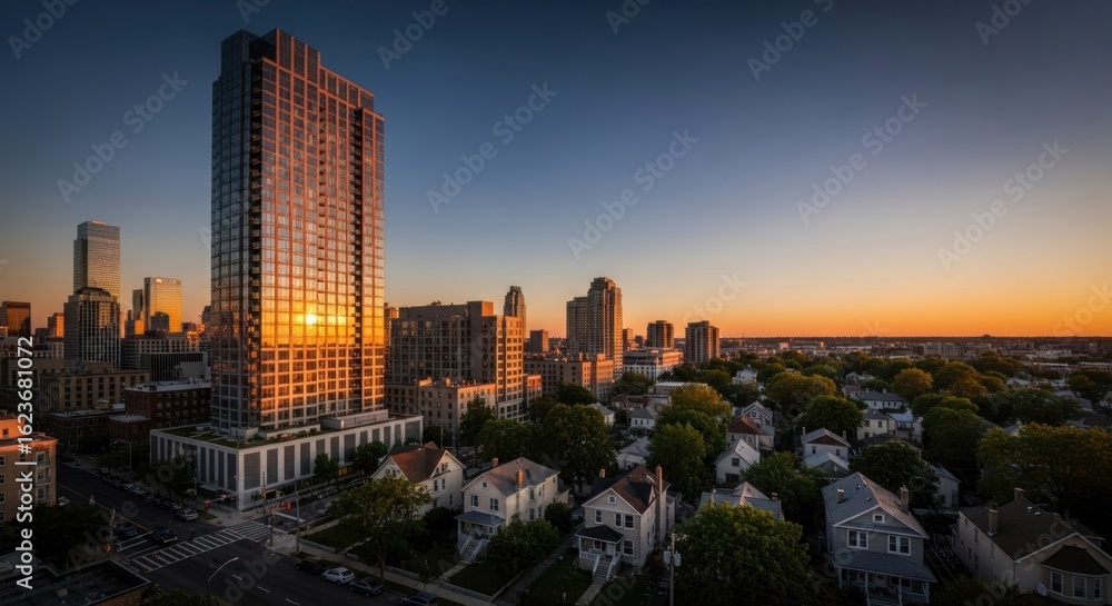 Obraz premium Sunrise cityscape, modern high-rise reflecting golden light