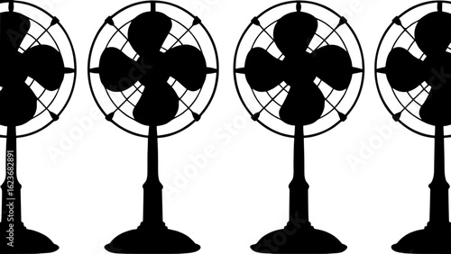 "Four identical black silhouette oscillating fans in a row, evenly spaced against a pale gray-blue background. Each fan has a circular cage and tripod base, rendered in a flat, graphic style with no i