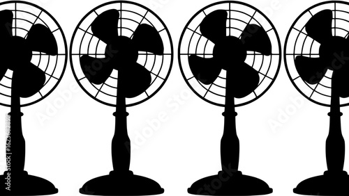 "Four identical black silhouette oscillating fans in a row, evenly spaced against a pale gray-blue background. Each fan has a circular cage and tripod base, rendered in a flat, graphic style with no i