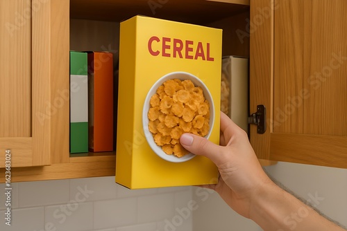 Hand grabbing a box of cereal from a cabinet