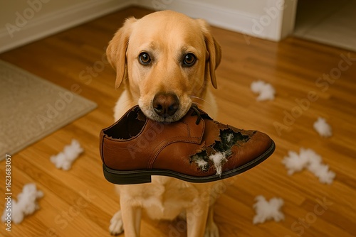 Dog with a shoe in his mouth that he destroyed