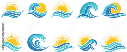 Silhouette vector set of colorful sun and wave icons isolated on white background