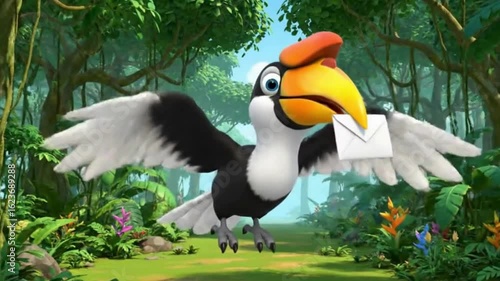 Animated Toucan Delivering Mail in Lush Jungle Environment with Vibrant Flora
