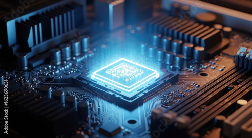 Glowing blue cpu processor on a computer motherboard
