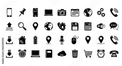 Line icon set a collection of black and white icons including a globe, phone with house, save disk, location pin, microphone, and mouse, isolated on white background