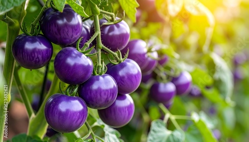 Close-up of vibrant purple tomatoes on vine