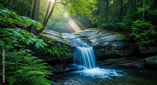 Tranquil waterfall cascading over rocks in a lush forest, sunlight filtering through trees