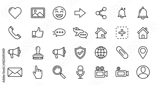 Line icon set collection of communication and security icons including a speech bubble with an airplane, loudspeaker, and shield with checkmark isolated on white background