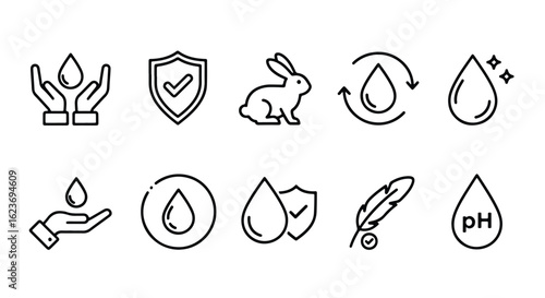 Line icon set group of outline icons depicting a rabbit, a water drop with a shield, and speech bubbles with text, isolated on white background