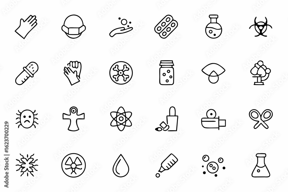 Fototapeta premium A clean line art bundle representing essential microbiology tools and elements — suitable for lab posters, pharmaceutical brochures, and academic use