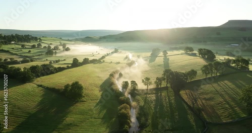 Aerial shot of misty countryside in north Yorkshire