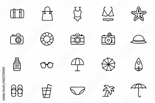 A fun and relaxing bundle of beach essentials illustrated in clean line style — ideal for summer packaging, travel guides, or vacation-themed content
