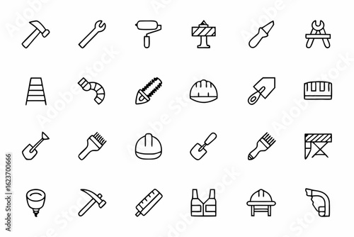 A robust line art bundle featuring essential construction tools and equipment in a clean single-line style — perfect for infographics, contractor websites, and safety manuals