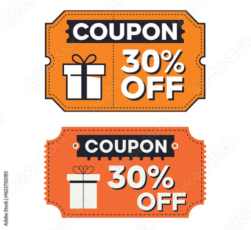 30% Off Orange Coupon Tickets Vector Set - Discount Vouchers with Gift Icons and Perforated Edges
