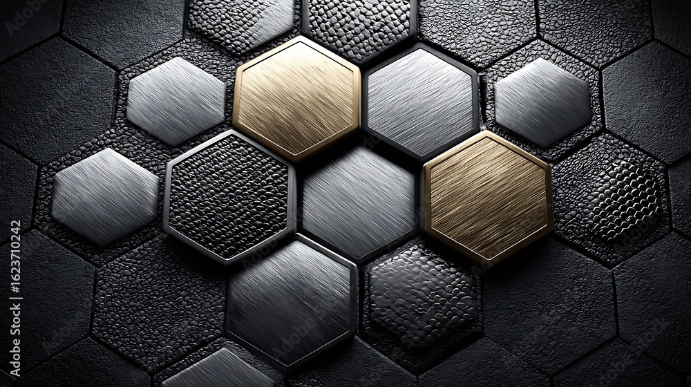 3D hexagonal prism pattern casting realistic shadows with metallic hues of silver, gunmetal, and chrome 3D hexagonal prism pattern casting realistic shadows with metallic hues of silver, gunmetal, and chrome