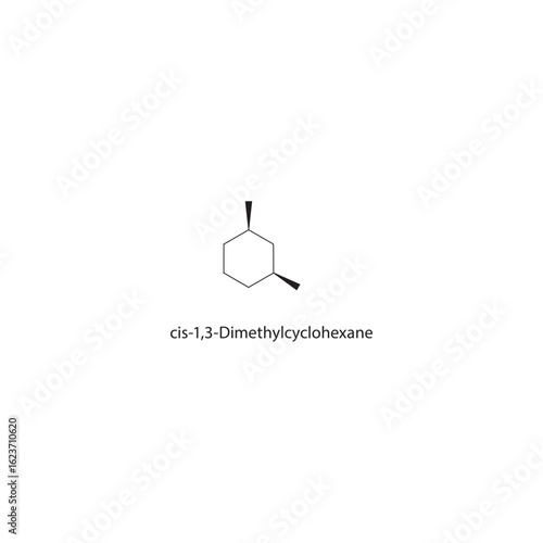 cis-1,3-Dimethylcyclohexane skeletal structure. Cycloalkane compound schematic illustration. Simple diagram, chemical formula.