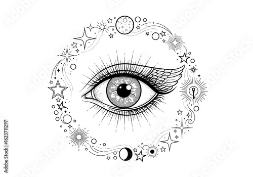 Decorative eye design surrounded by celestial elements and stars for artistic purposes, monochrome black and white, copy space