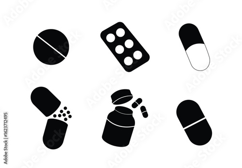 Collection of medical pills capsules and blister pack silhouette