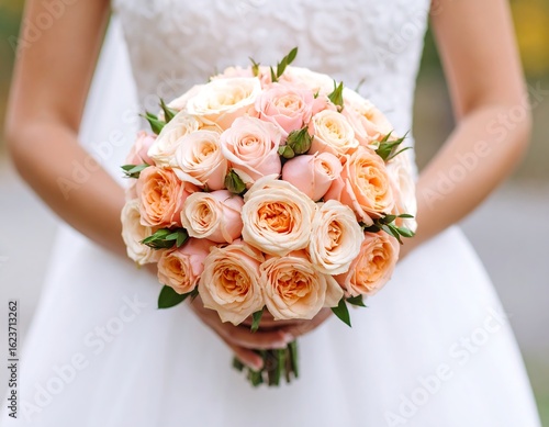Bride holds peachy bouquet