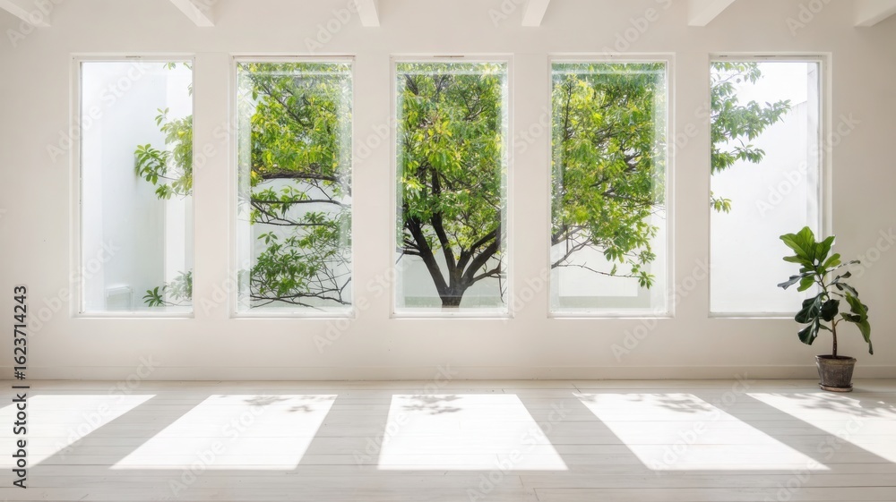 Fototapeta premium Bright room with large windows and lush greenery view