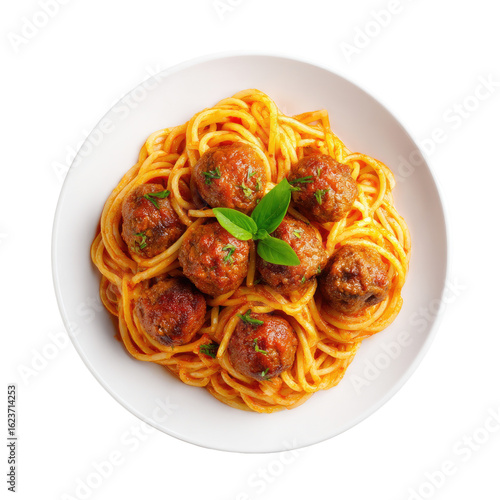 Overhead view of spaghetti and meatballs in a white bowl.  The dish is generously coated in a rich, tomato-based sauce.  Fresh basil leaves garnish the top