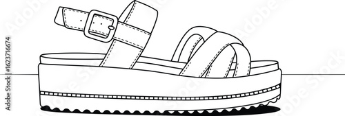 Stylish summer sandals, buckle strap footwear, trendy platform sole design, casual women’s shoes, comfortable fashion illustration, vector drawing