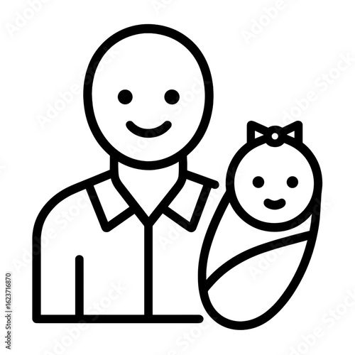 Line icon representing nanny services with smiling adult and swaddled baby, symbolizing childcare and professional babysitting