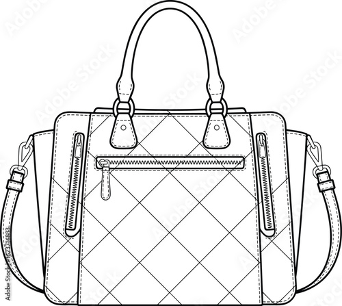Quilted fashion handbag illustration, elegant purse design, stylish accessory sketch, luxury branding, detailed drawing, trendy bag, vector artwork, zipper